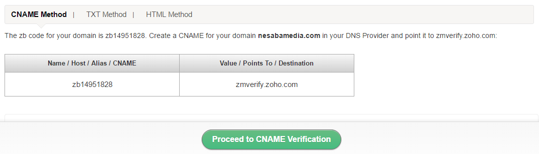 pilih proceed to cname verification