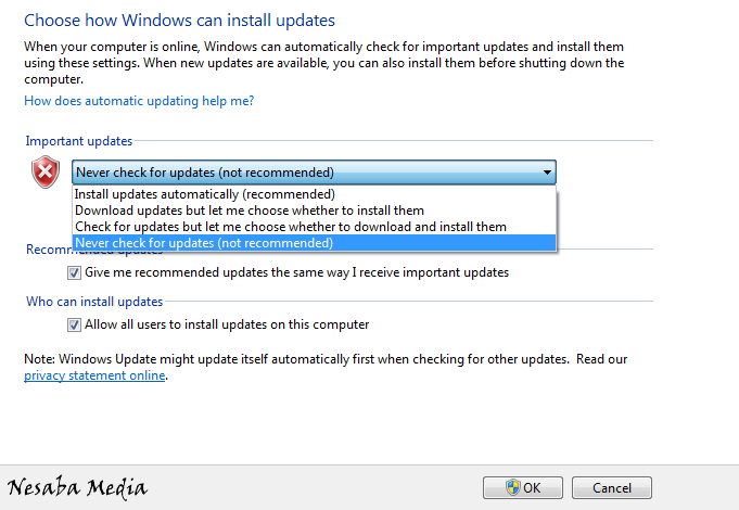 cara menonaktifkan windows update windows 7