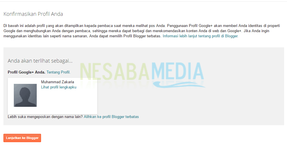 pilih Lanjutkan ke Blogger