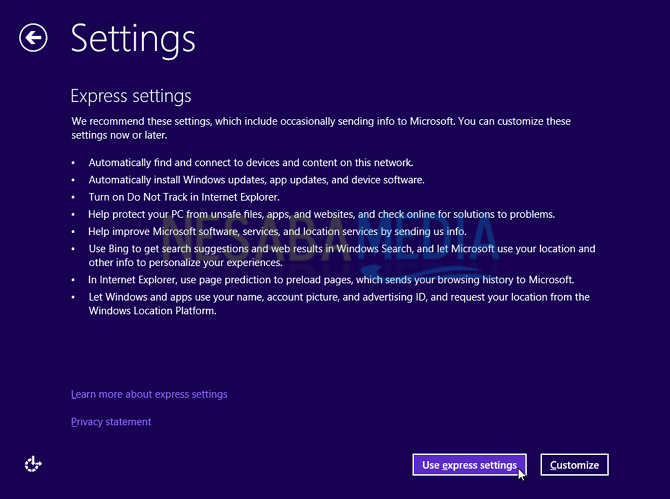 Pilih User Express Settings windows 8