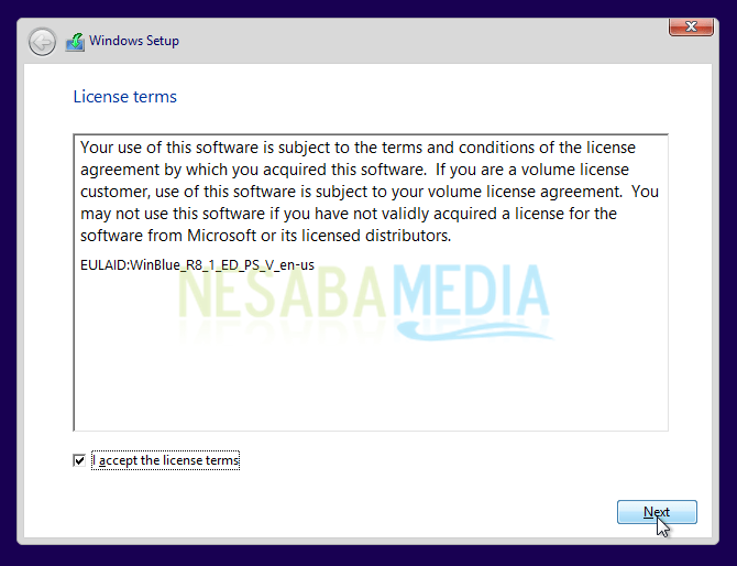 centang license terms windows 8