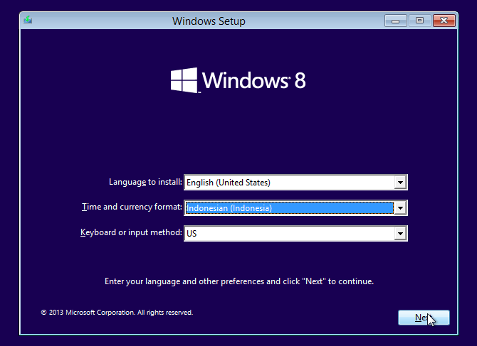 pilih Indonesian instalasi windows 8