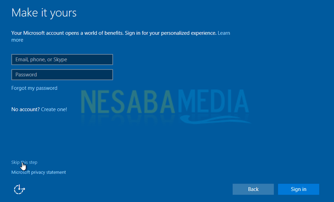 skip this step windows 10