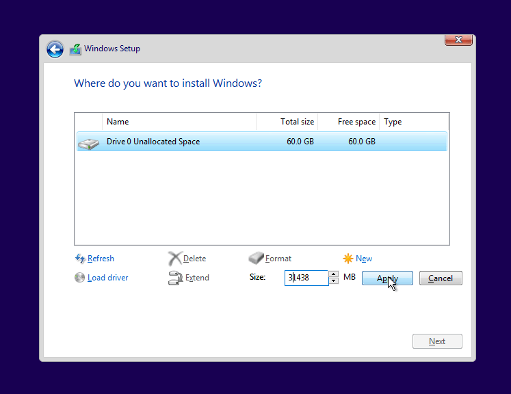 pilih new untuk membuat partisi windows 10