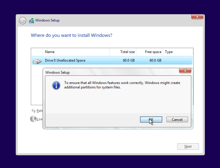 pilih yes untuk membuat system reserved windows 10