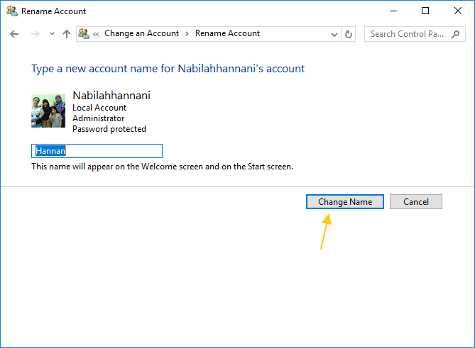 mengganti user name account