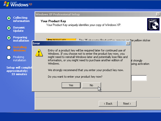 pilih No untuk mengaktifkan windows xp