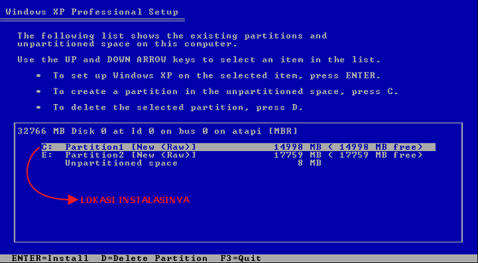 install lokasi windows xp nya disini