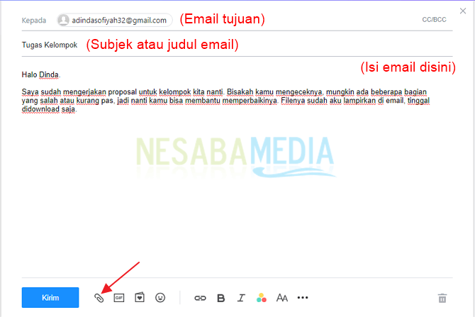 Klik ikon klip untuk menyertakan file pada email