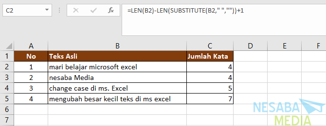 cara menghitung jumlah kata di excel