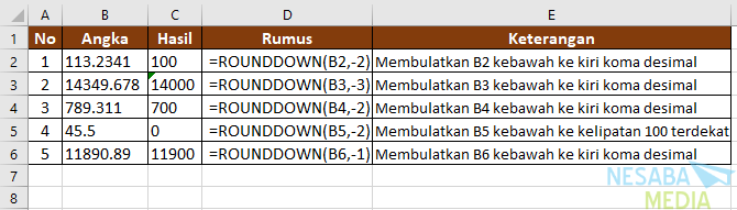 Cara Membulatkan Angka di Excel dengan fungsi ROUNDDOWN II