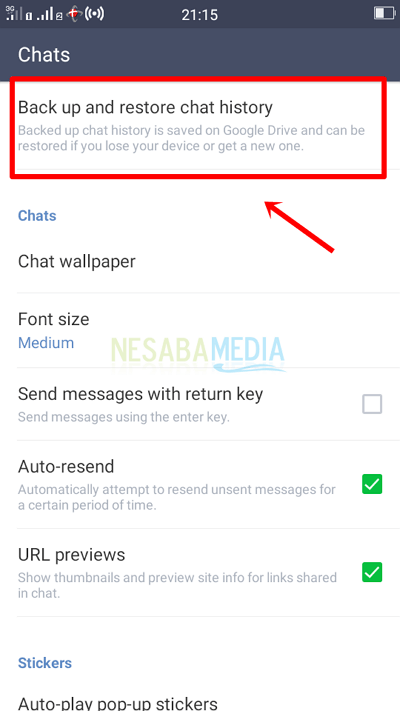 Langkah 5 - pilih back up and restore chat history