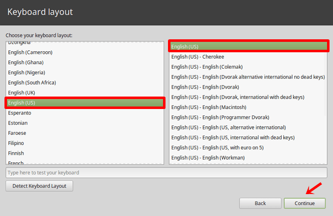 Langkah 14 - pilih bahasa keyboard dan continue