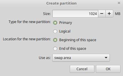 Langkah 8 - isi size, primary, beginning of this space, swap area lalu ok