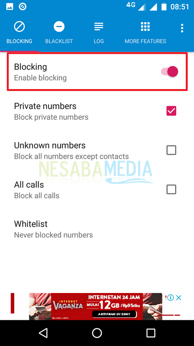 pindah ke tab Blocking dan klik pada Blocking