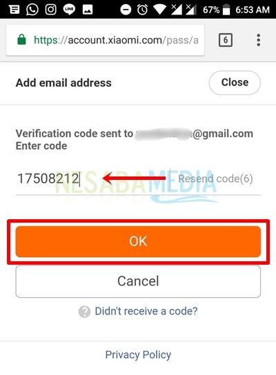 insert verification code by email