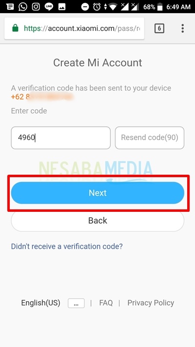 insert the verification code