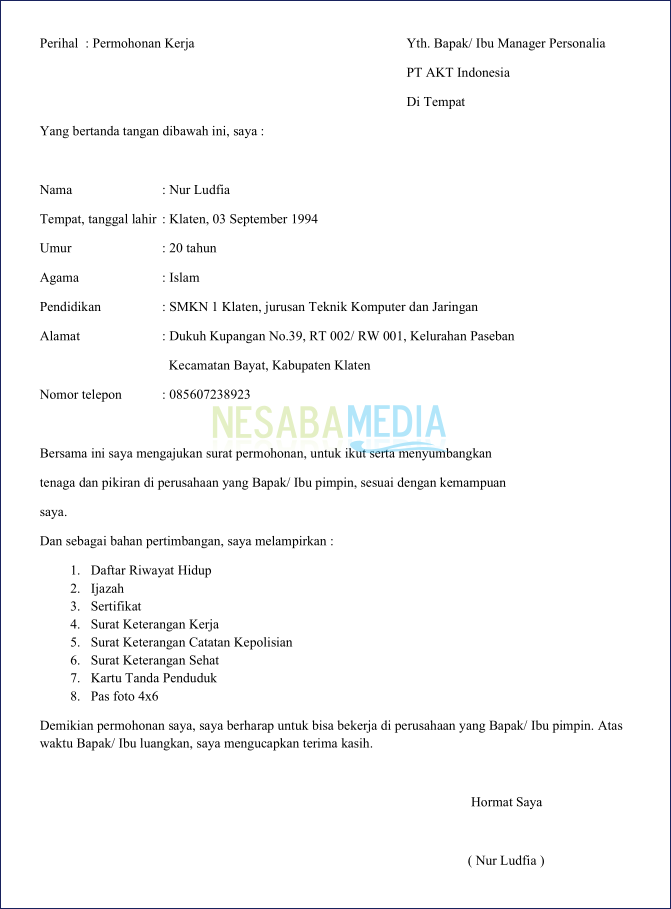 download contoh surat lamaran kerja via email