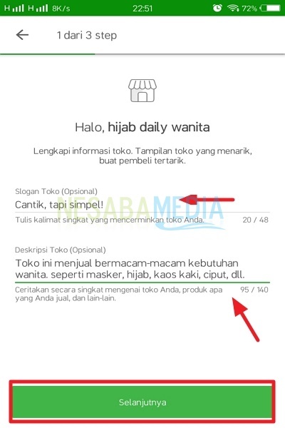 Isi data Slogan Toko dan Deskripsi Toko