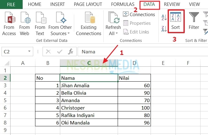 cara mengurutkan data di Excel