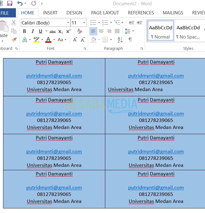 cara membuat kartu nama di Microsoft Word