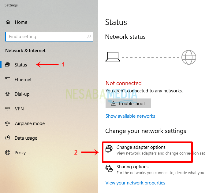 2 - pilih status lalu pilih Change adapter options