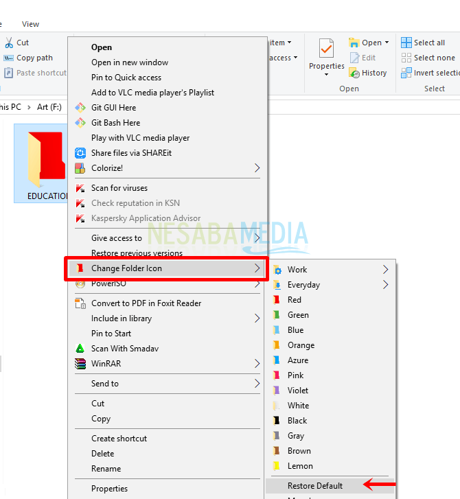Langkah 3 - klik kanan pada folder lalu pilih Change Folder Icon lalu pilih Restore Default