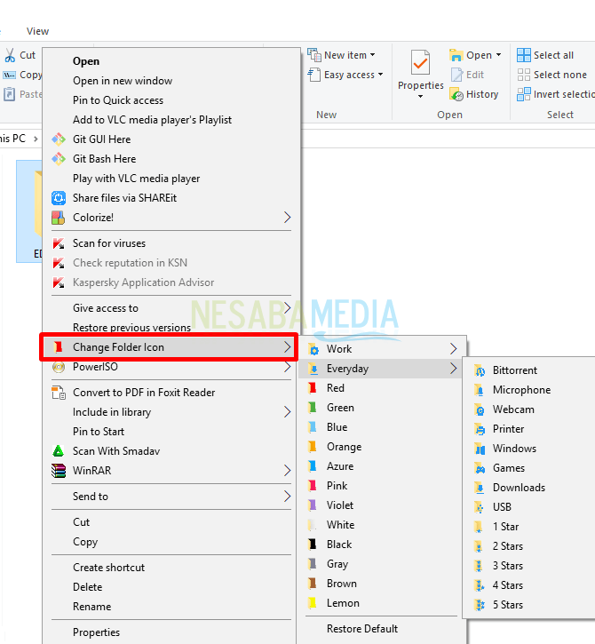 Langkah 5 - klik kanan pada folder lalu pilih Change Folder Icon lalu pilih Everyday kemudian silakan pilih ikon