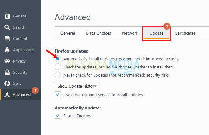 Pilih bagian tab update pada menu Adavanced