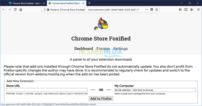 Chrome Store Foxified sudah berhasil dipasang