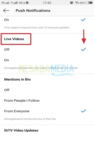 cara mematikan notifikasi live video di Instagram