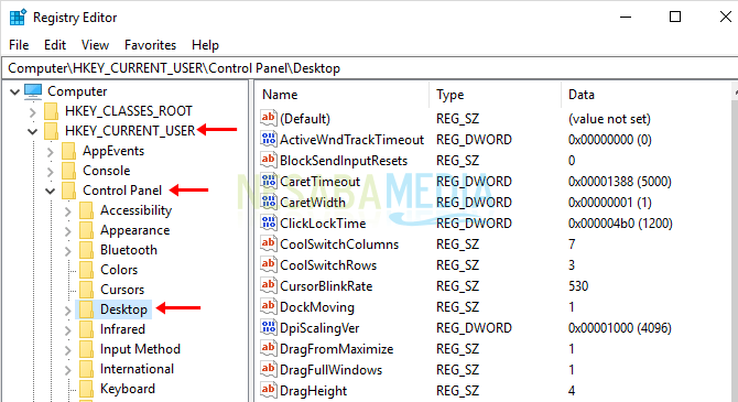 Cara 2 - buka HKEY_CURRENT_USER, Control Panel, Desktop