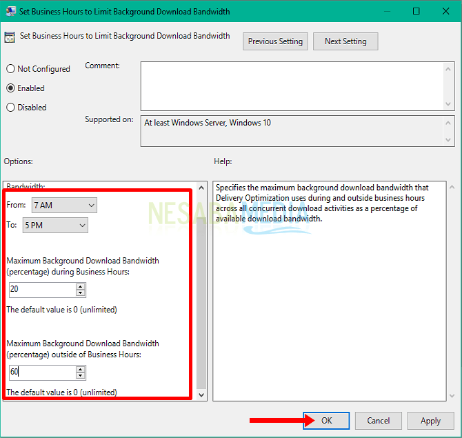 Set Business Hours to Limit Background Download Bandwidth Enable