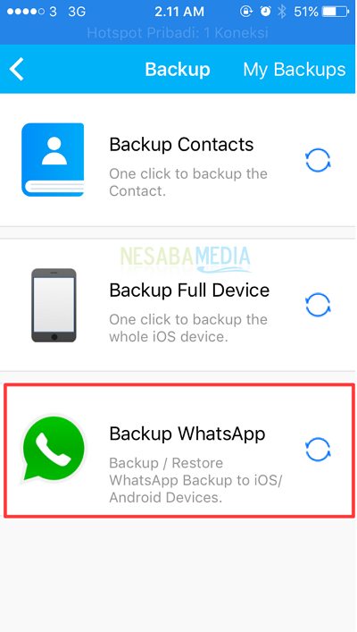 pilih dan tekan backup whatsapp