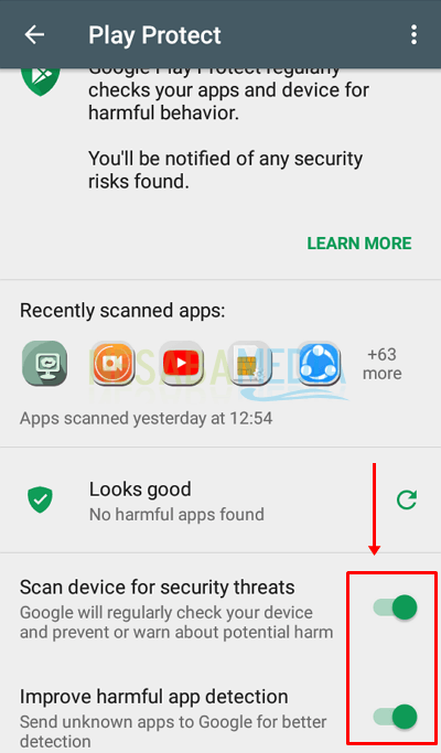 3 - silakan nonaktifkan pada bagian scan device for security threats dan Improve harmful app detection