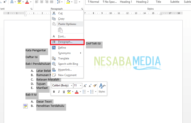 cara membuat titik daftar isi di Microsoft Word
