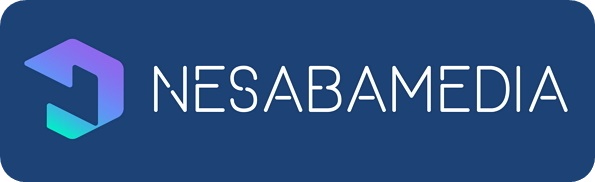 White text logo with dark blue background