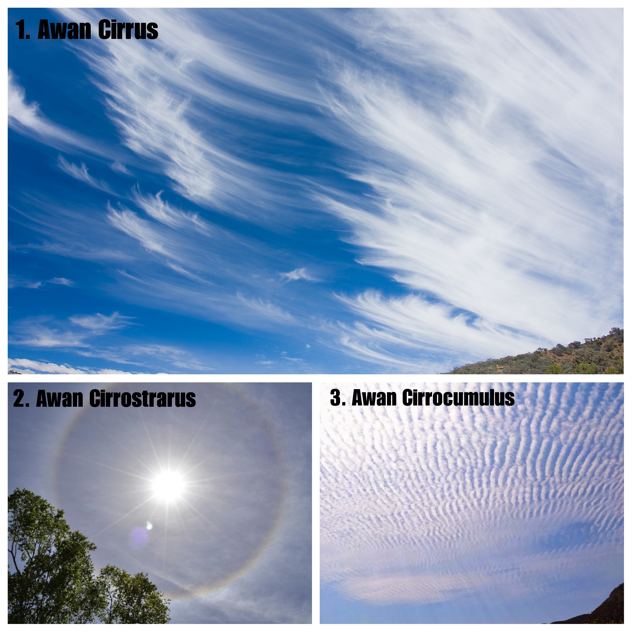 Jenis-Jenis Awan tinggi,: Awan Cirrus, Awan Cirrostratus, awan Cirrocumulus