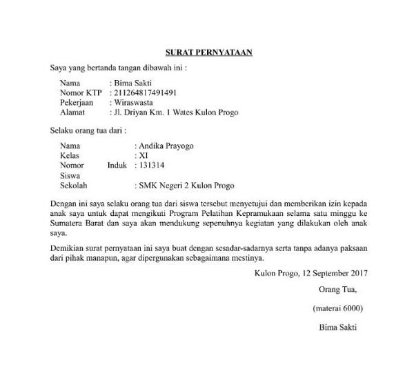 contoh surat pernyataan orangtua