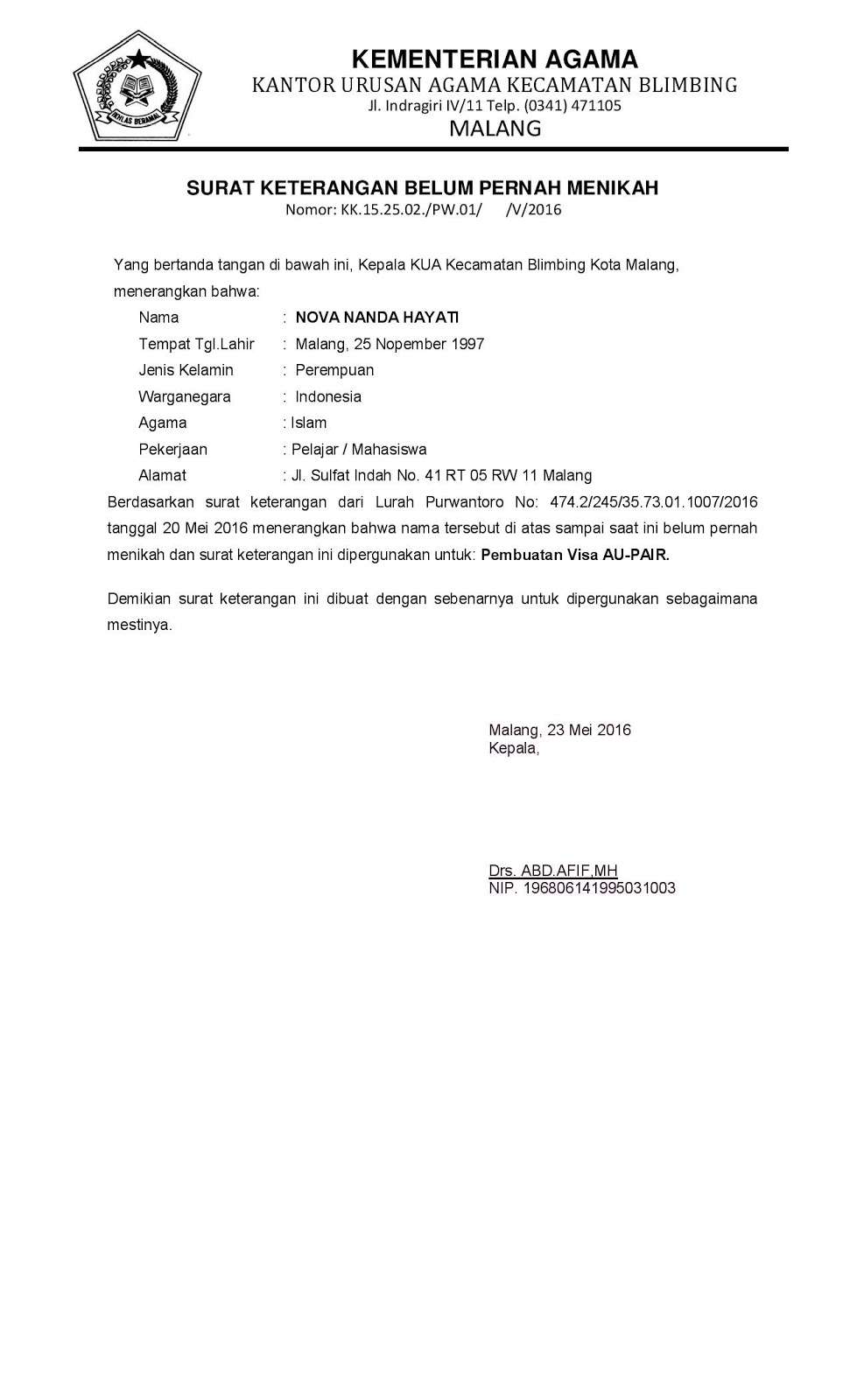 Surat Keterangan Belum Menikah