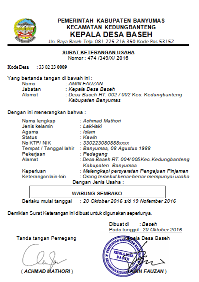 Surat Keterangan Usaha