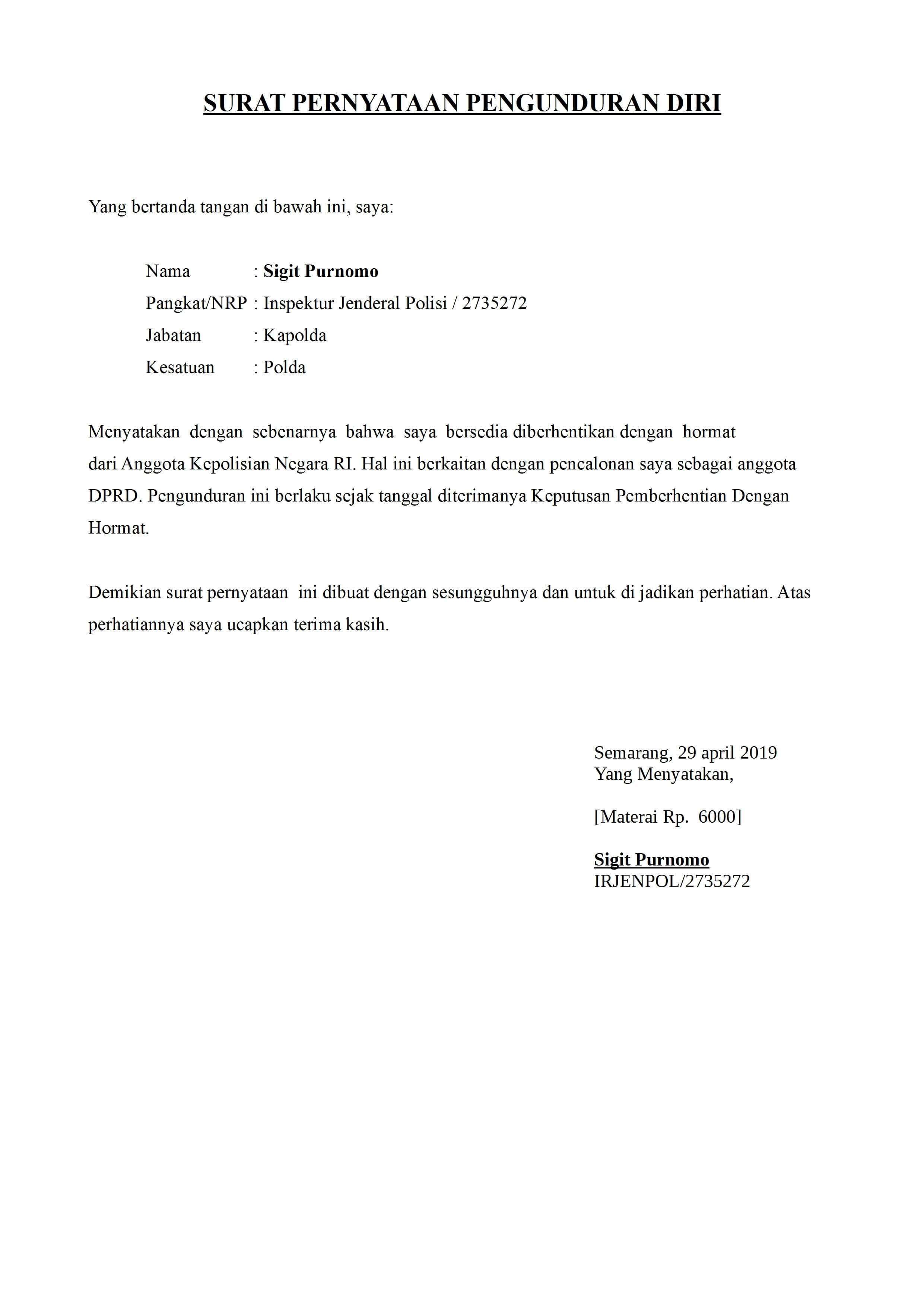 Contoh Surat Pengunduran Diri Kerja Resmi Doc