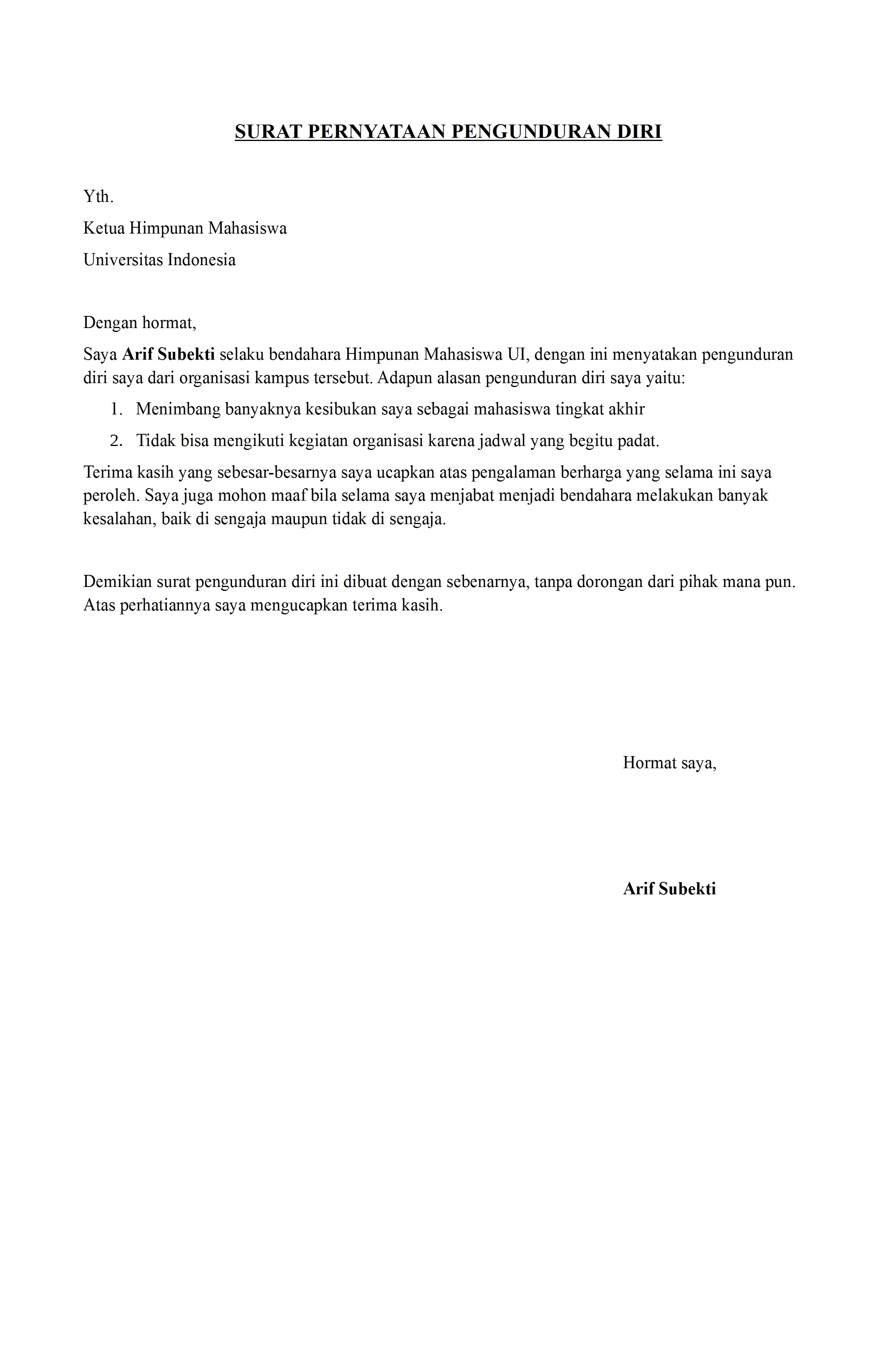 Contoh Surat Pengunduran Diri Mahasiswa Dari Universitas  Contoh Surat