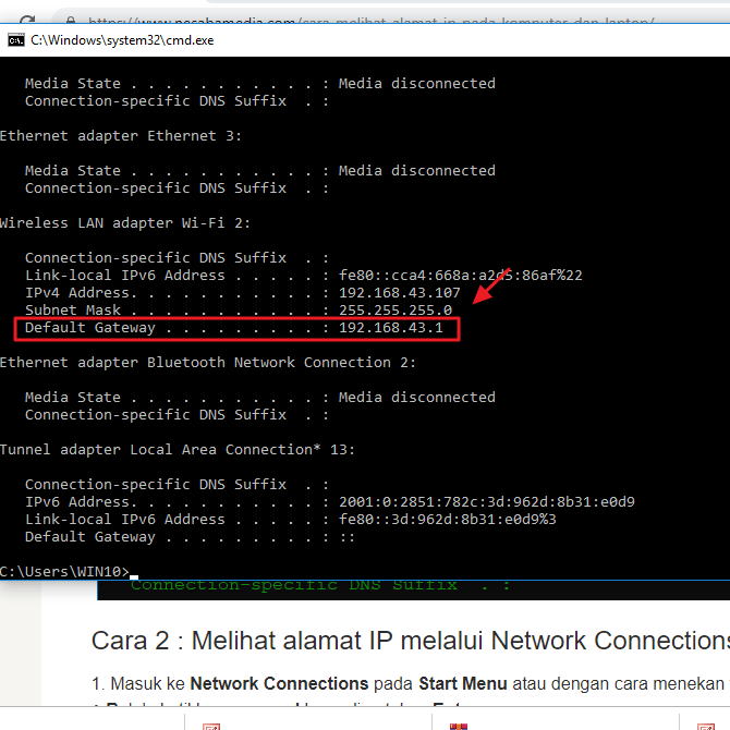 cara mengetahui ip address wifi / router dengan cmd