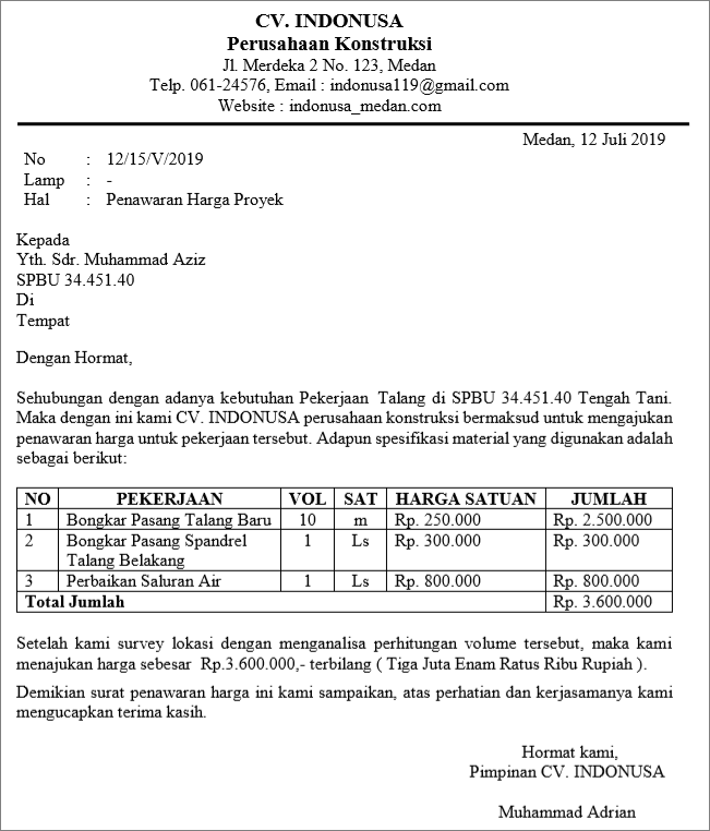 Contoh Surat Penawaran Harga Proyek