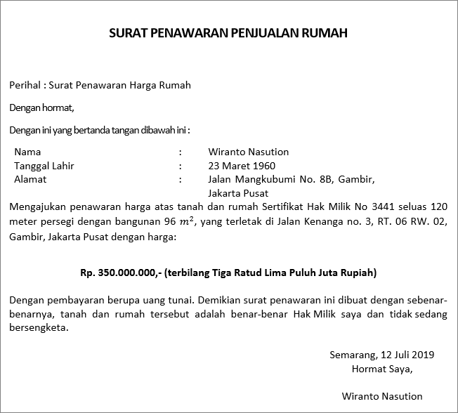 surat penawaran harga rumah