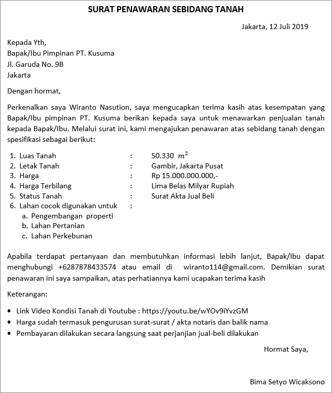 surat penawaran harga tanah