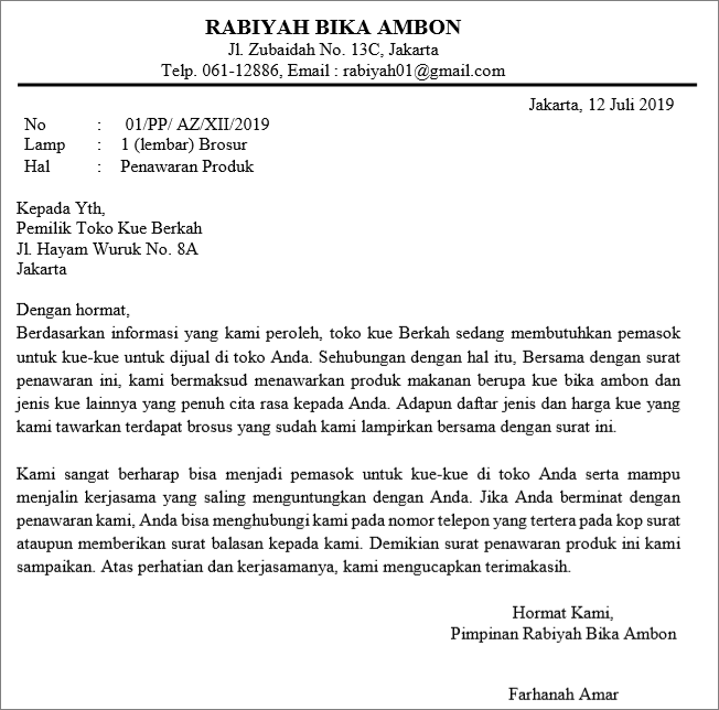 Contoh Surat Penawaran Makanan