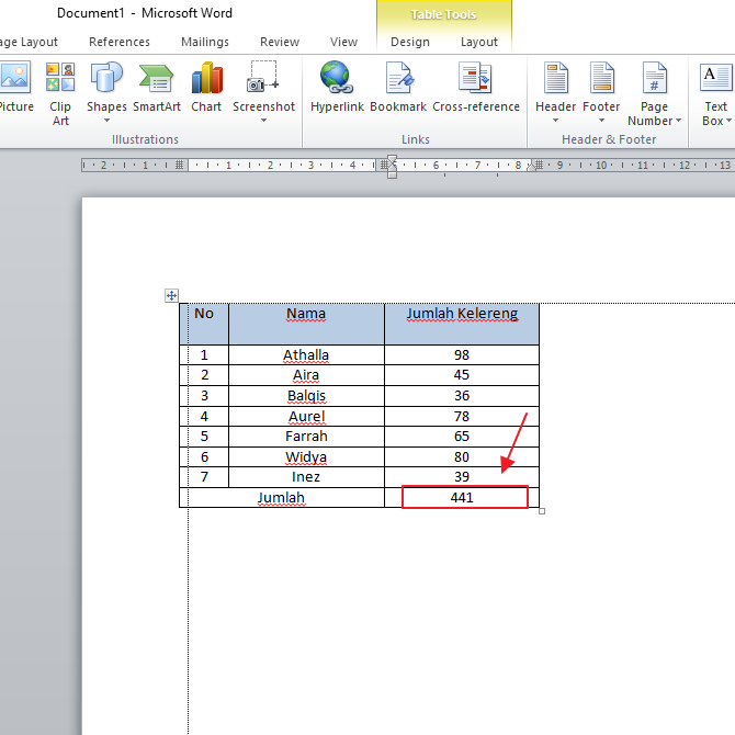 cara menjumlahkan di Word