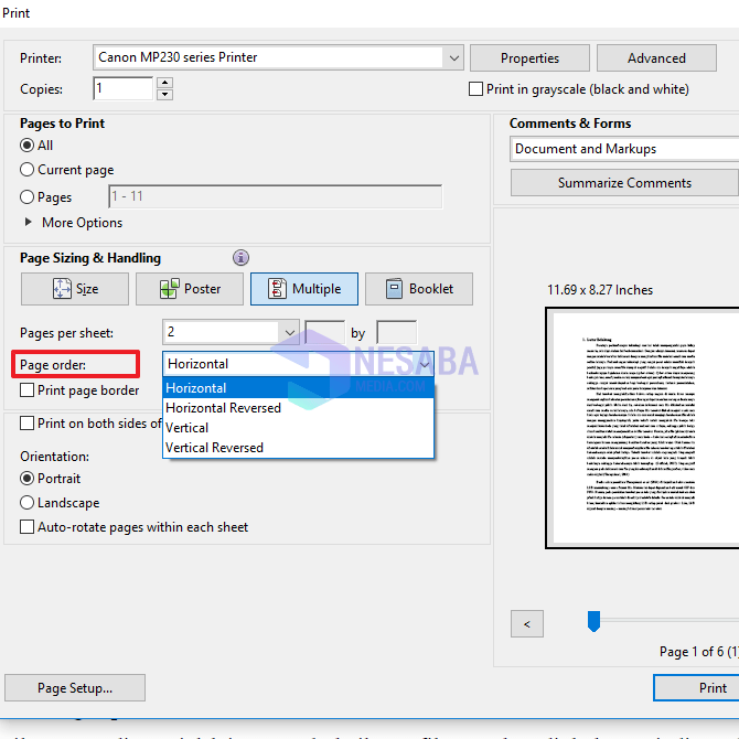 begini cara print PDF 1 lembar 2 halaman